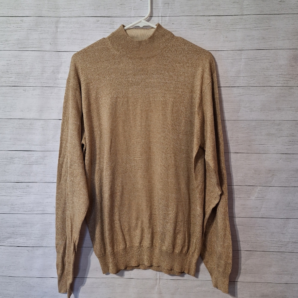 Cullen Men's Classic Mock Neck Silk Cotton Knit Sweater Khaki Tan Beige Large